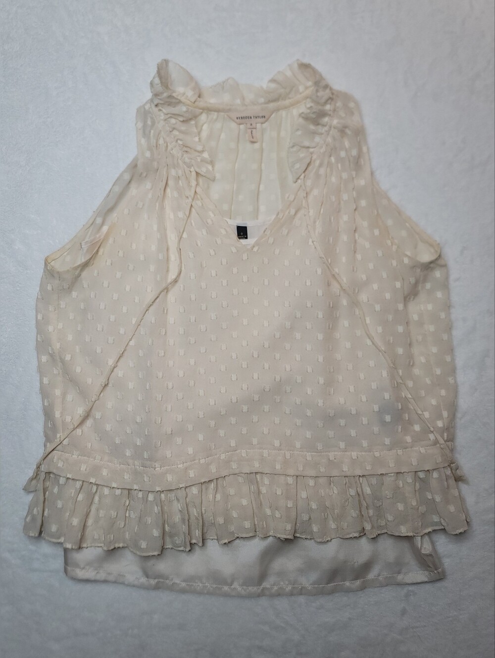 Rebecca Taylor Box Clip Tank Top Ruffle Blouse Sz 0 Ties Cream/Off-White W/Cami